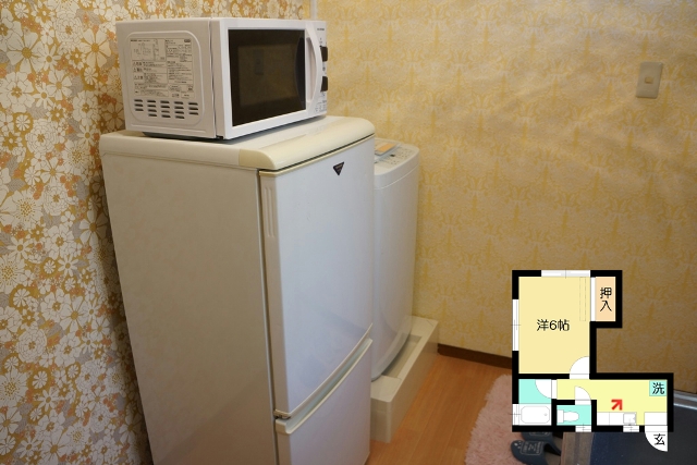 冷蔵庫と電子レンジ、その先洗濯機も見えます。